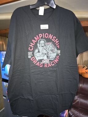 Gildan Black T-Shirt with Pink and Gray Championship Drag Racing Graphic